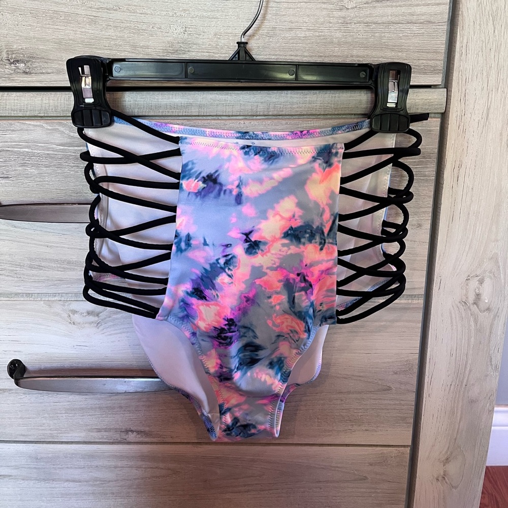PINK high waisted strappy bikini bottom